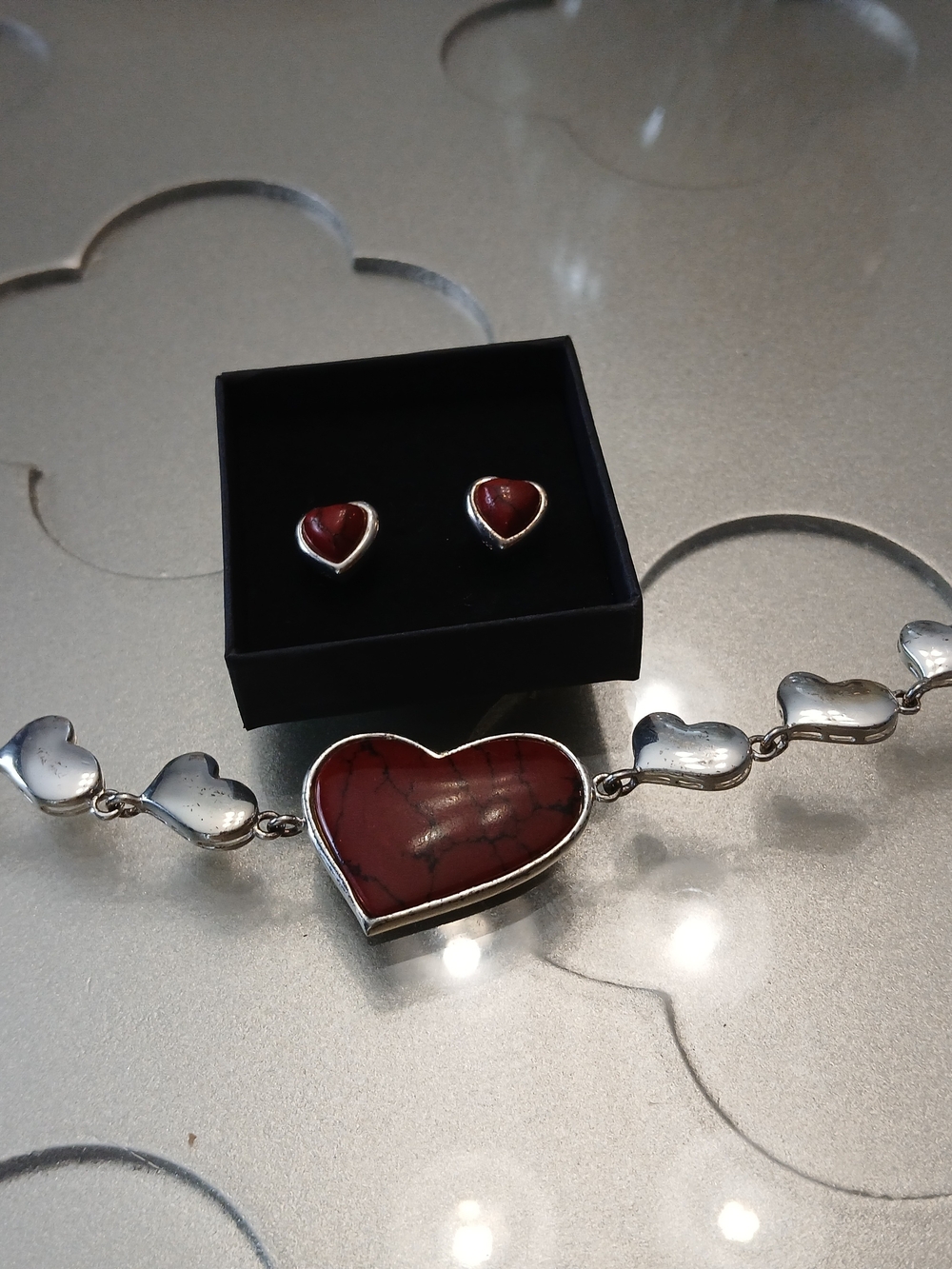 Heart-Shaped Red Stone Bracelet and Stud Earrings Set